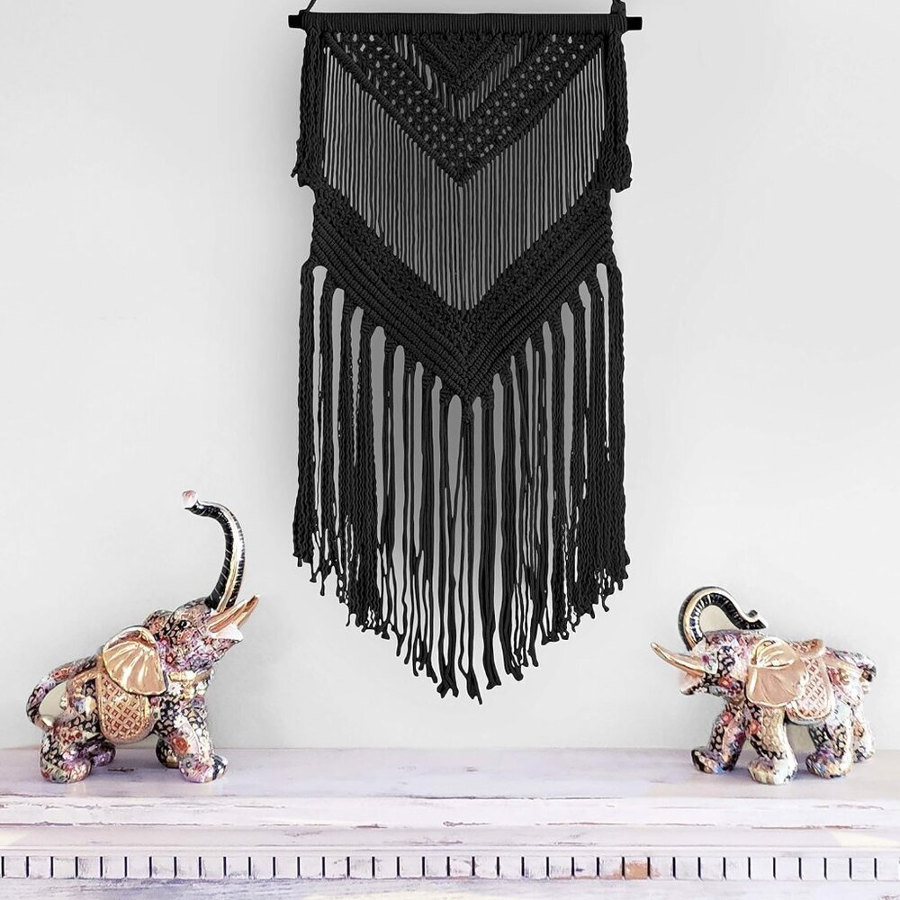 Boho Black Macrame Woven Wall Hanging - Black 16 in x 36 in Modern Bohemian Tape